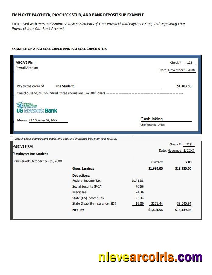 employee paycheck, paycheck stub and bank deposit slip